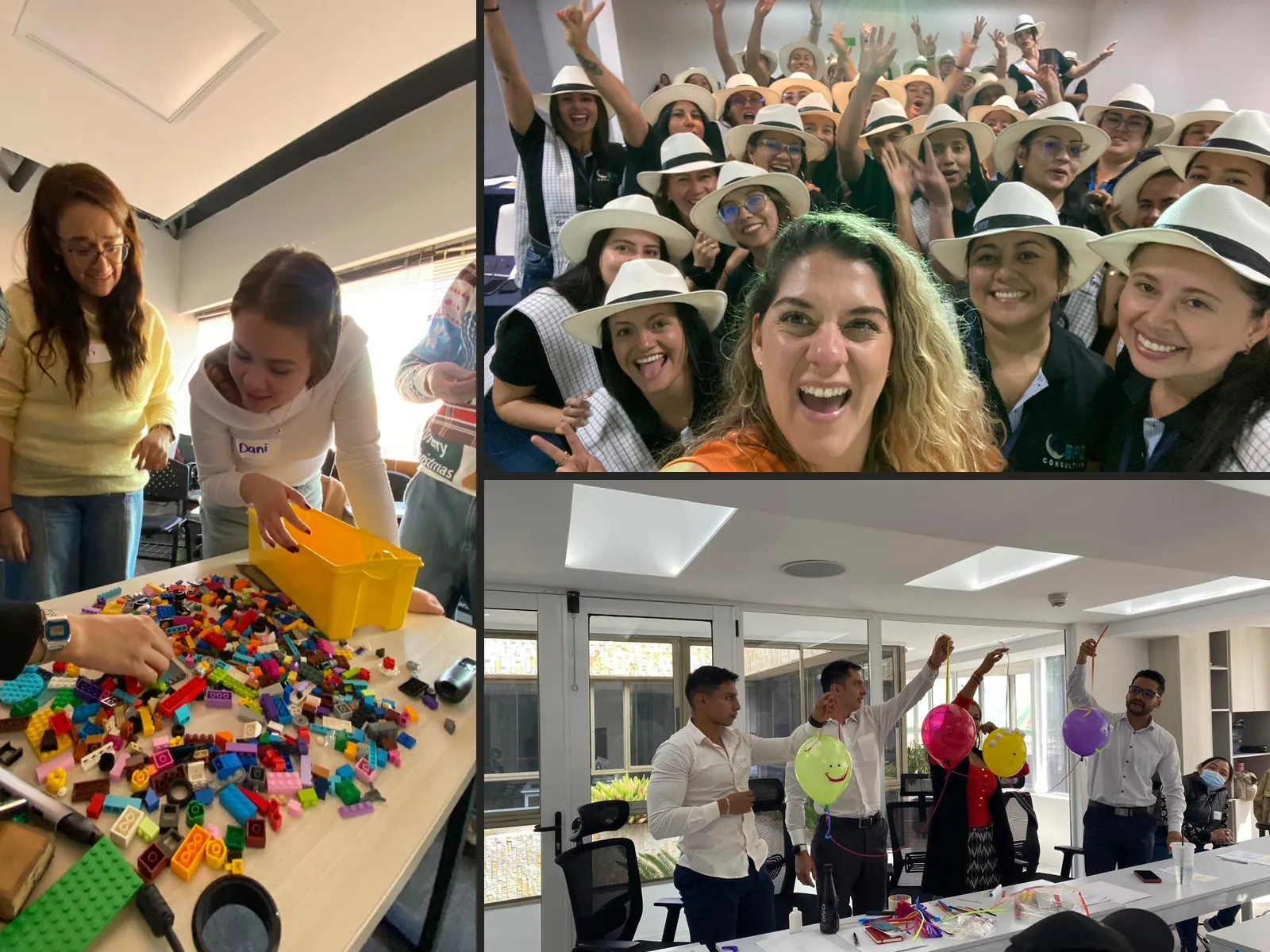 Tres escenas con clientes de Transformente: un equipo construyendo con Lego, una organización celebrando con sombreros aguadeños y un equipo jugando con globos